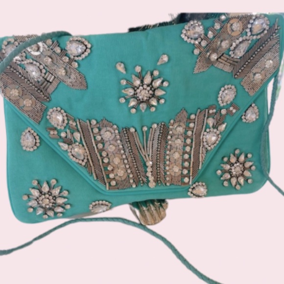NWT Crystal Canvas Bohemian Clutch Crossbody Leather Woven Strap - Turquoise - Picture 5 of 7